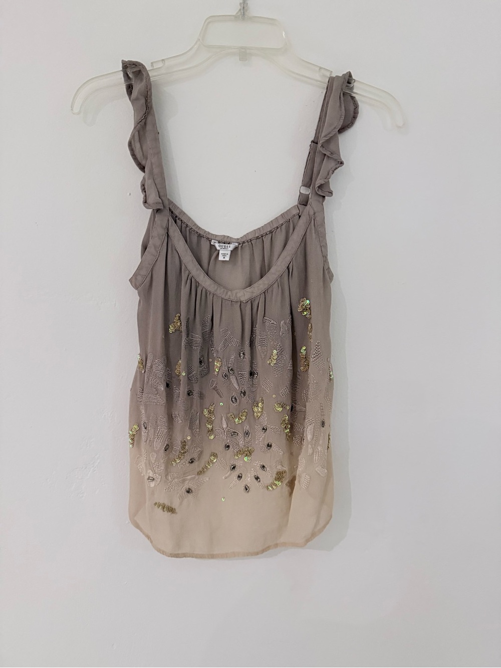 Guess Taupe to Beige Ombre Sequin Ruffle Strap Camisole